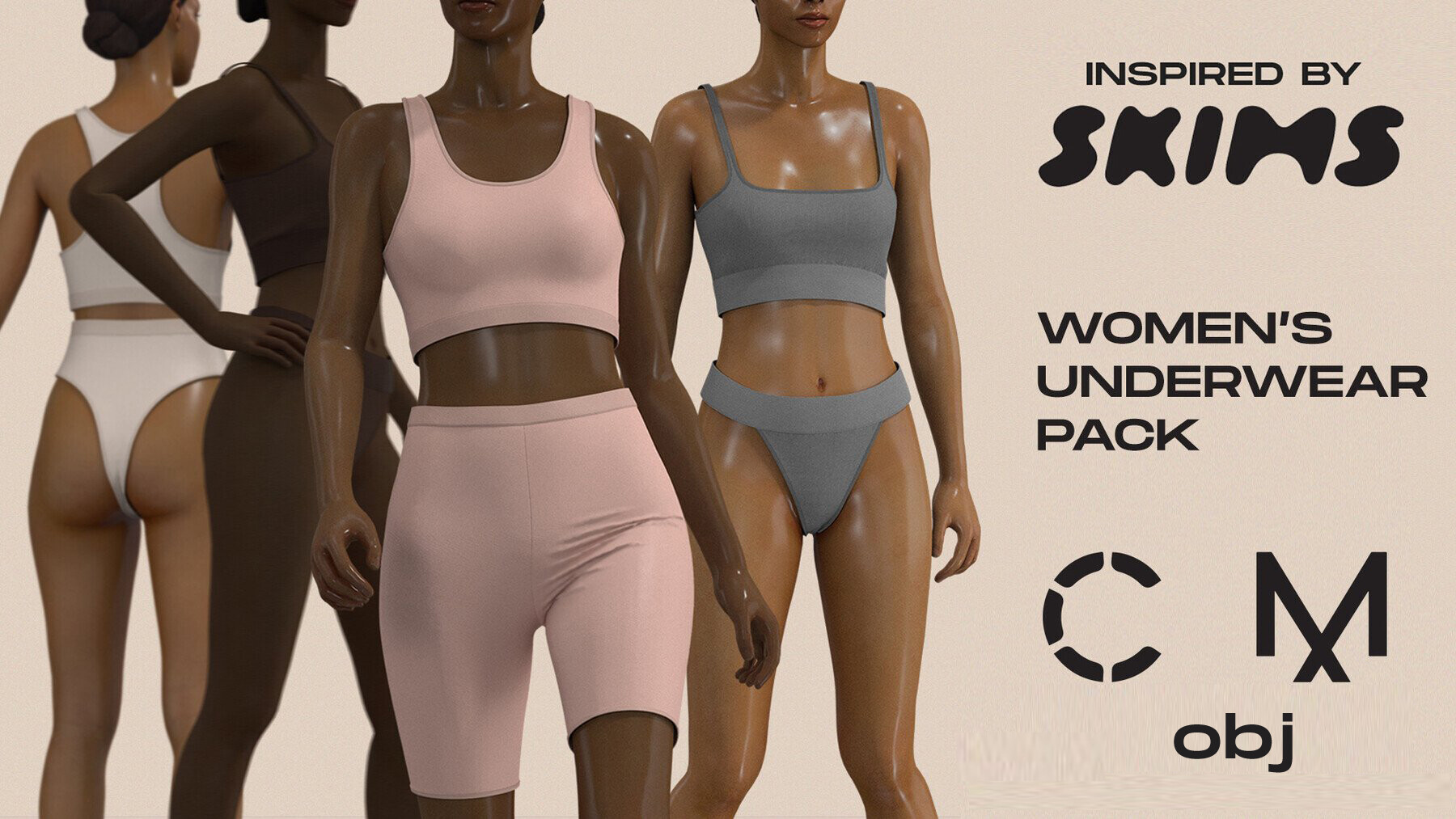 Women's underwear pack (like skims). MD / CLO 3D .zprj projects + .obj