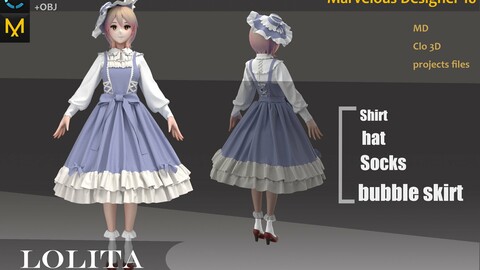 Lolita Character Dress_Maid Outfit_Dress attire with cute hat_Marvelous designer(Clo3d) project_OBJ&FBX(if needed)