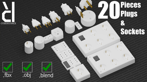 20 Pieces electrical plugs and sockets set (FBX, OBJ, Blend).