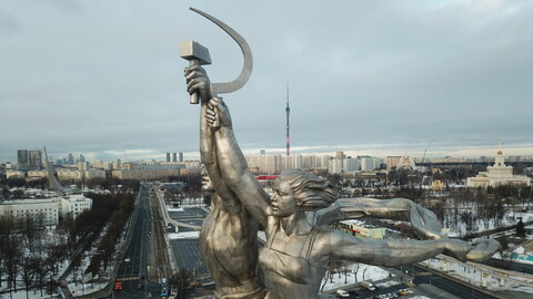 100+ aerial photos from the drone of the Main Gate of the VDNH, the monument to the Worker and the Collective Farmer, the Facade of the Cosmos Hotel