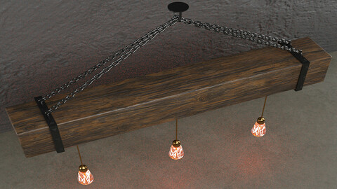 Wooden chandelier with forging elements and incandescent lamps