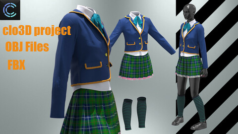 School uniform for girls (Clo3D project+OBJ+FBX)
