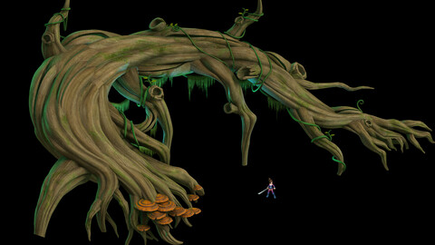 Virgin forest - long fern vines - big dry trunk