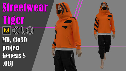 Male Streetwear "Tiger". Marvelous Designer, Clo3d project + OBJ