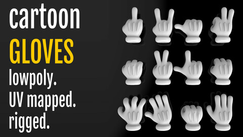 Cartoon glove hand RIGGED with 4 fingers Low-poly 3D model, UV mapped