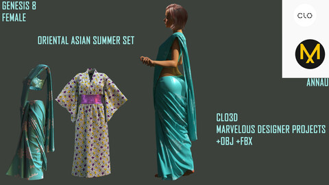 GENESIS 8 FEMALE: ORIENTAL ASIAN SUMMER SET: SARI, YUKATA: CLO3D, MARVELOUS DESIGNER PROJECT| +OBJ +FBX