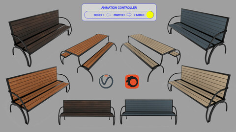 Convertible Bench and Table with  Rigging and Animation (4 Wood Versions)