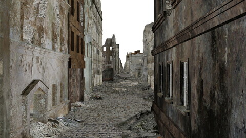 Super realistic walk along the ruined city street after the apocalypse. 3D animation. Transparent background. Full HD. Looped. Alpha channel.