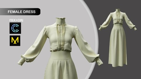 Dress Vintage Style Marvelous Designer/Clo3d project + OBJ + FBX