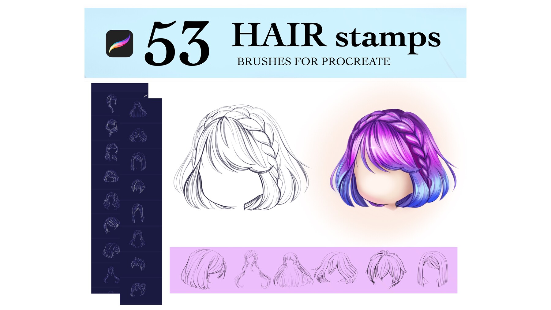 Procreate Manga Hairstyles Stamps. Anime Girl Hairstyle Stamp 