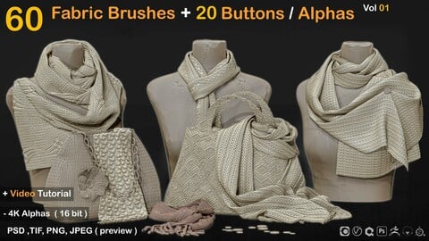 60 Fabric Brushes+20 Buttons / Alphas  Vol 01