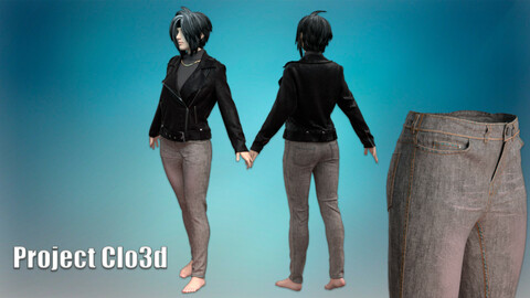 Set of biker jacket, T-shirt, jeans