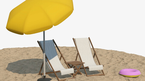 realistic 3D Deckchair Table Parasol Swimring Set PBR
