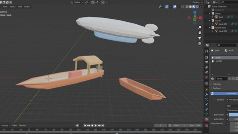 Blimp, motor Boat, and Kayak Low Poly