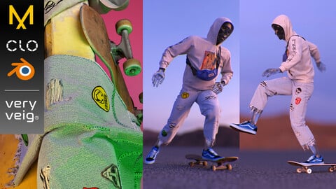 Skateboarder Outfit & Tutorial - Hoodie, Denim Jeans, Bumbag, Sneakers & Skateboard (Marvelous Designer & Clo3d Project files + .Obj)