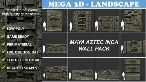 Low poly Mayan Inca Aztec Wall Modular Pack Mossy 210616