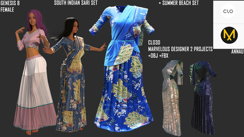 GENESIS 8 FEMALE: SOUTH INDIAN  SAREE SET + SUMMER BEACH SET: CLO3D, MARVELOUS DESIGNER PROJECT| +OBJ +FBX