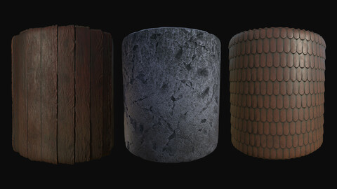 Aged Materials - Wood Planks, Concrete Foundation and Roof Tiles - 2K
