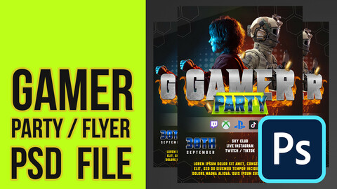 Gamer Party flyer or Poster template ( PSD file Photoshop )
