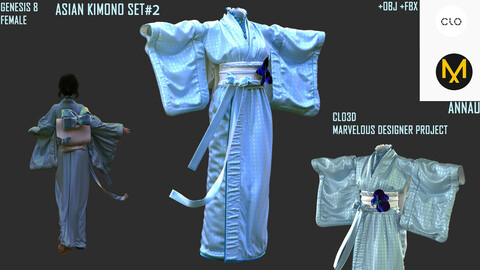 GENESIS 8 FEMALE: ASIAN KIMONO SET#2: CLO3D, MARVELOUS DESIGNER PROJECTS| +OBJ +FBX