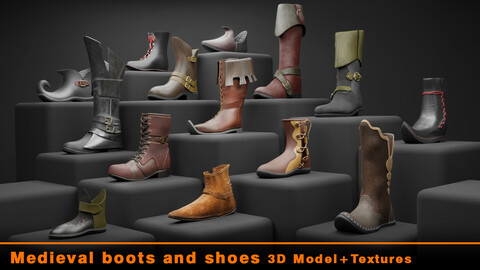 Medieval boots and shoes 3d model + Textures