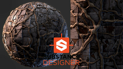 Stylized Old Tiles with Roots - Substance Designer