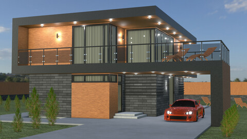 Blender 3D project of cottage with car, architecture, house, building, exterior