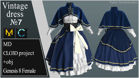 Vintage Dress №7. Clo 3D / Marvelous Designer project +obj/fbx