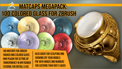 Matcaps Megapack: 100 Colored Glass For ZBrush