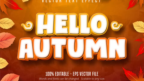 Hello Autumn text, autumn style editable text effect on leaves background