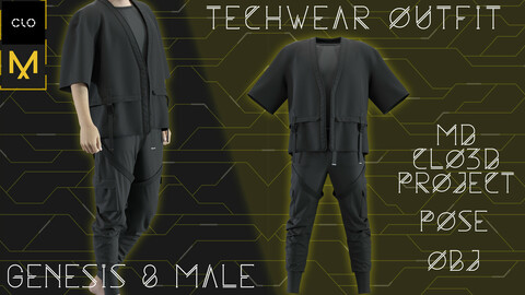 Male Techwear outfit. Clo3d/Marvelous designer. Zprj/Obj/Pose