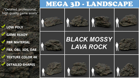 Low poly Black Mossy Lava Modular Rock 210720