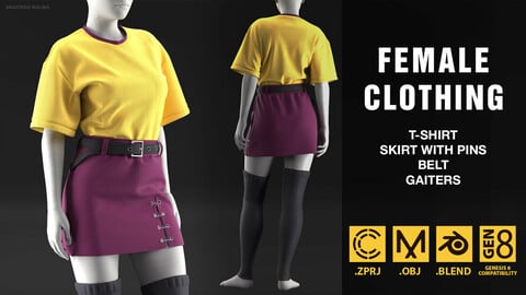 Women's clothing with t-shirt, skirt with pins, belt. MD/CLO3D PROJECT FILE + OBJ + BLEND