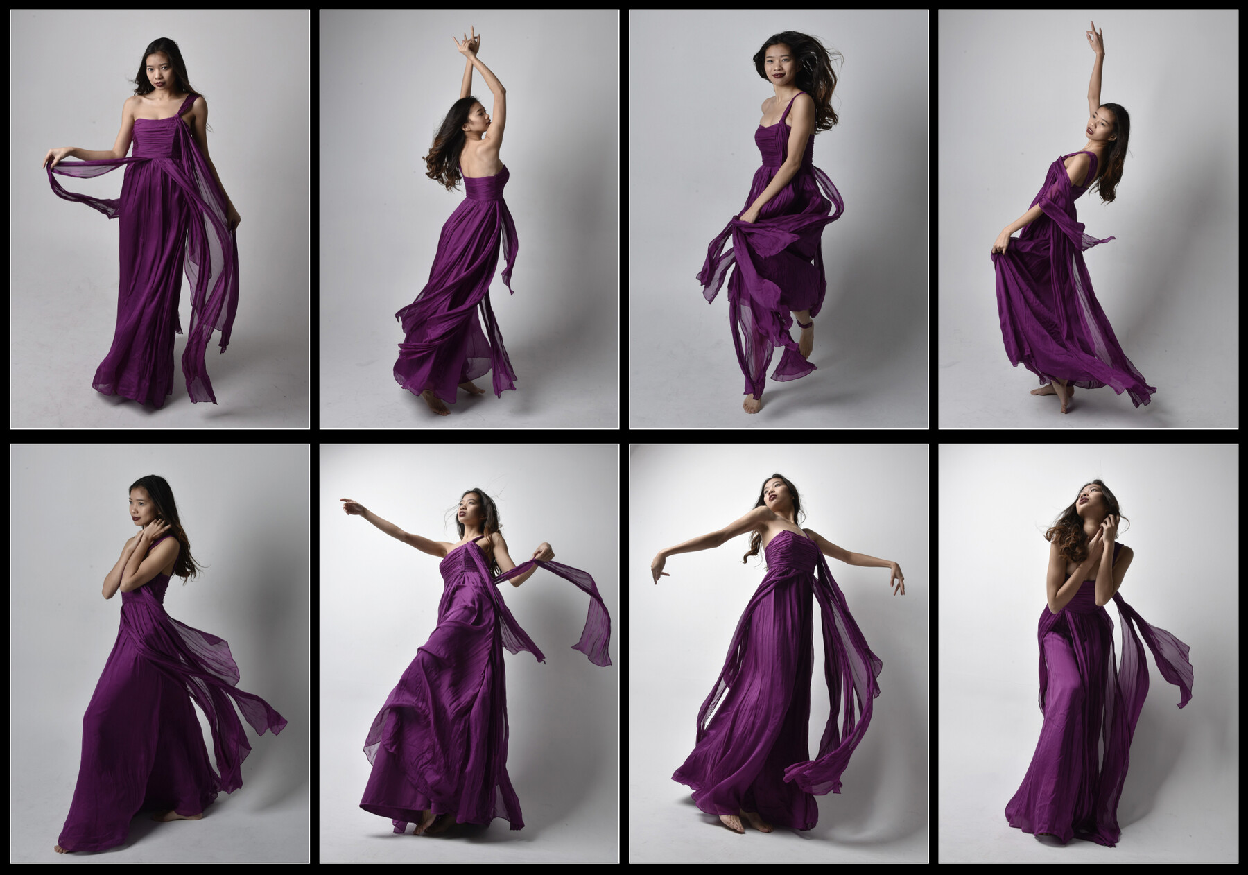 Fashion Model Posing in Long Dress, Hair Waving on Wind, Beautiful Woman  Gown over Purple