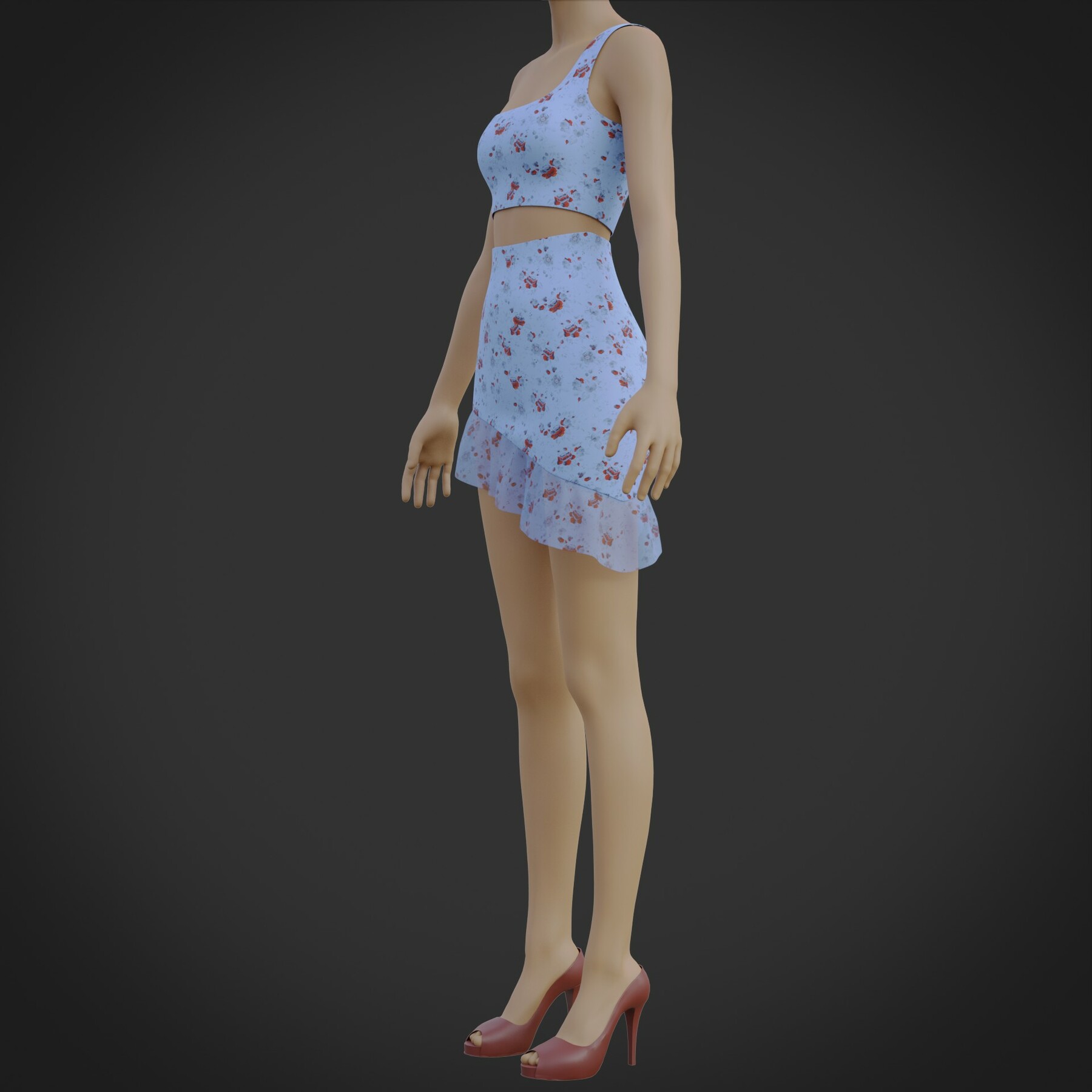 Artstation - 3d Ruffle Asymmetrical Dress- 2 Piece Summer Floral Outfit 