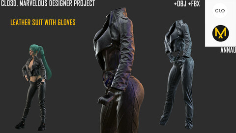 LEATHER SUIT WITH GLOVES: CLO3D, MARVELOUS DESIGNER PROJECTS|+OBJ +FBX: Extended Commercial License