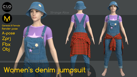 Women's denim jumpsuit. Clo3d, Marvelous Designer projects.