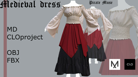 Medieval dress " Pirate muse" Clo 3D / Marvelous Designer project +obj + fbx