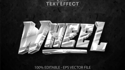 Wheel editable text effect, shiny silver color and metallic font style