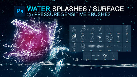 25 Water splashes and liquid surface pressure sensitive photoshop brush set for graphic tablets.