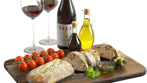 3D Model / Food Set 02 / Bread, Tomatoes, Olives and Wine