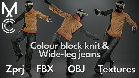 Marvelous Designer + Clo3d + OBJ + FBX + Texture : Colour block knit & wide-leg jeans