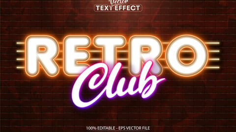 Retro club text, neon style editable text effect on brick wall background