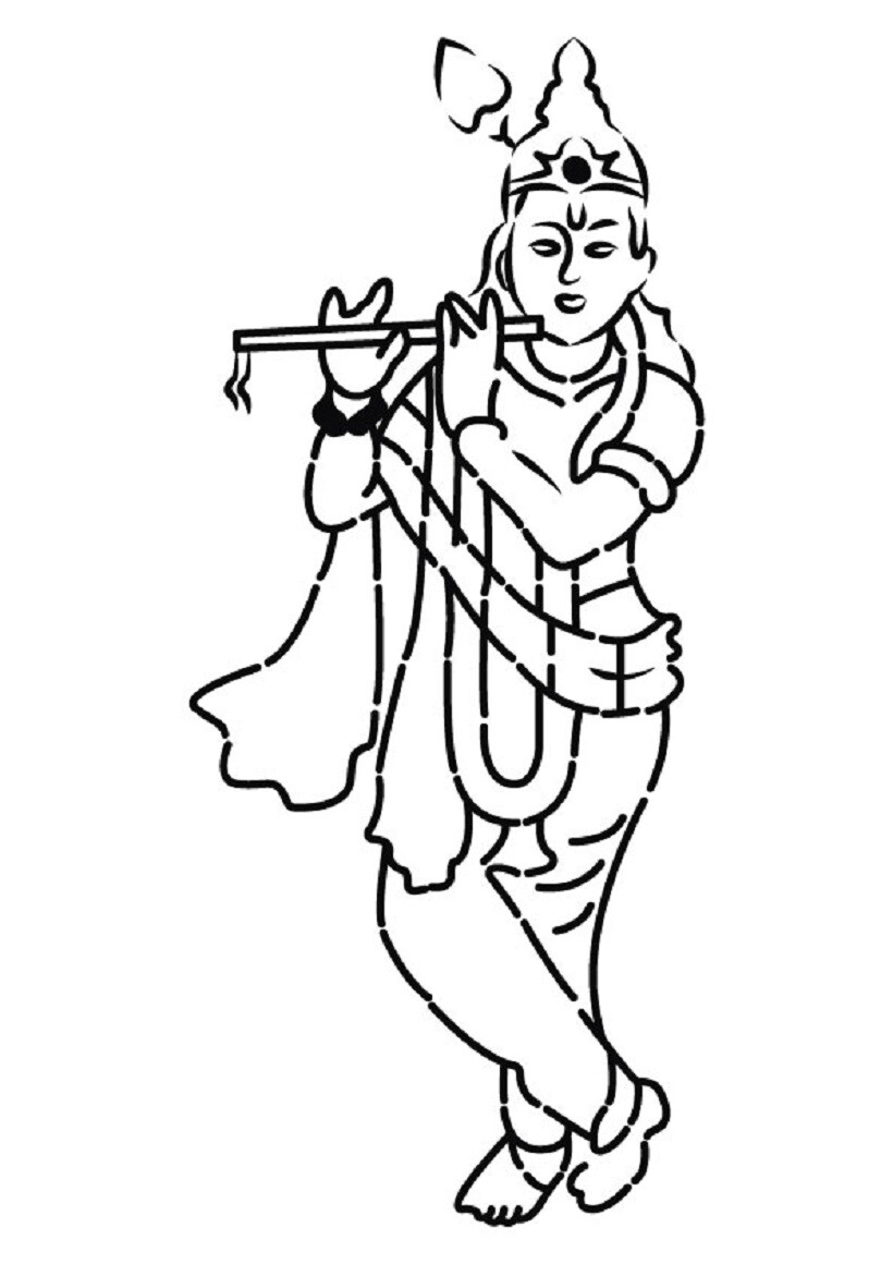 Illustration of krishna with flute in line art posters for the wall   posters beautiful white drawing  myloviewcom