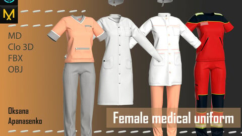 Female medical uniform. Clo 3D/MD project + OBJ, FBX files