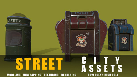 trash can series old game ready street assets low poly and high poly