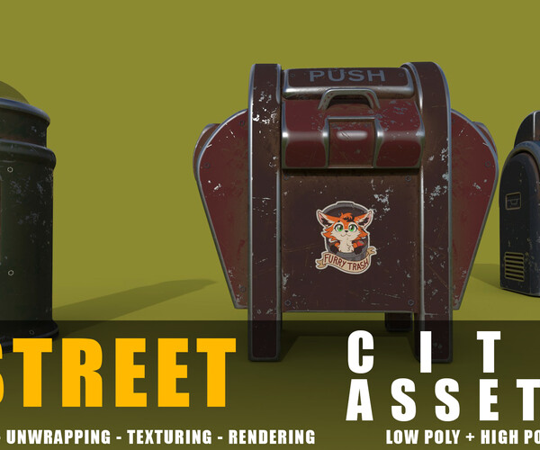ArtStation trash can series old game ready street assets low poly and