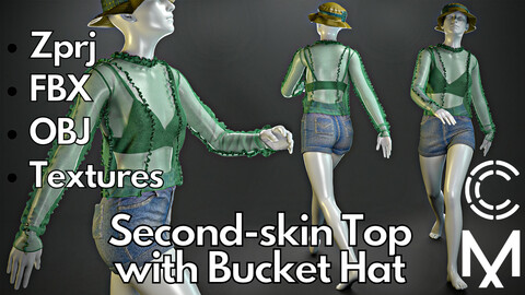 Marvelous Designer + Clo3d + OBJ + FBX + Texture : Second-skin top with a bucket hat