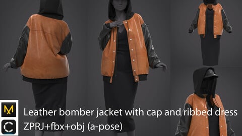 Leather bomber jacket with cap and ribbed dress / clo3d / marvelous designer