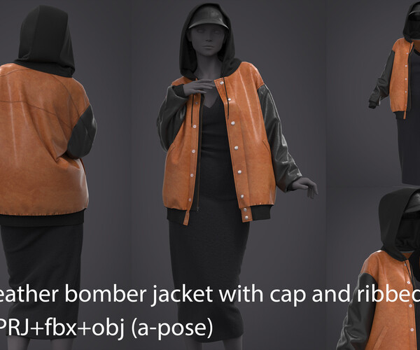 ArtStation - Leather bomber jacket with cap and ribbed dress / clo3d ...
